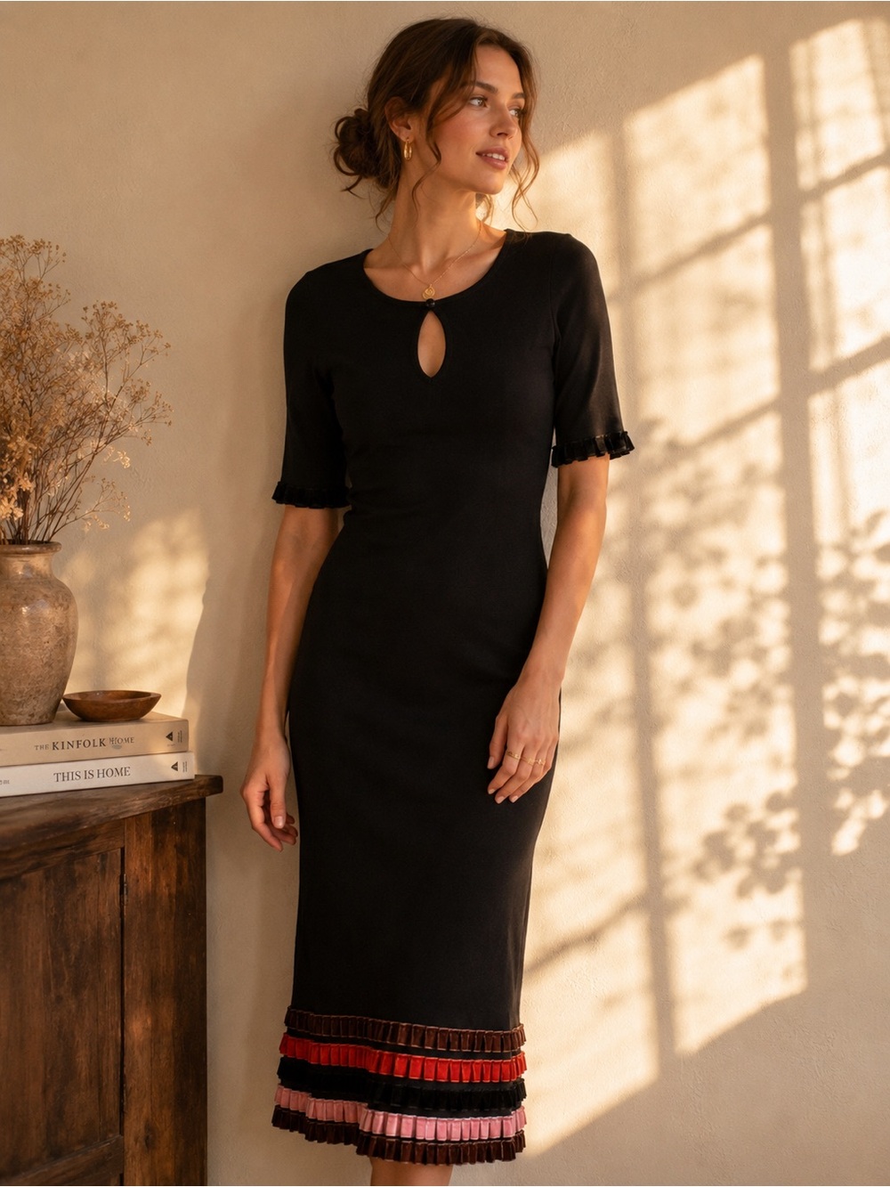 Alberto Makali Black Knit Midi Dress Velvet Ribbon Trim Keyhole Neck Size S